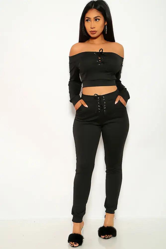 Black Lace Up Plus Size Two Piece Outfit - AMIClubwear