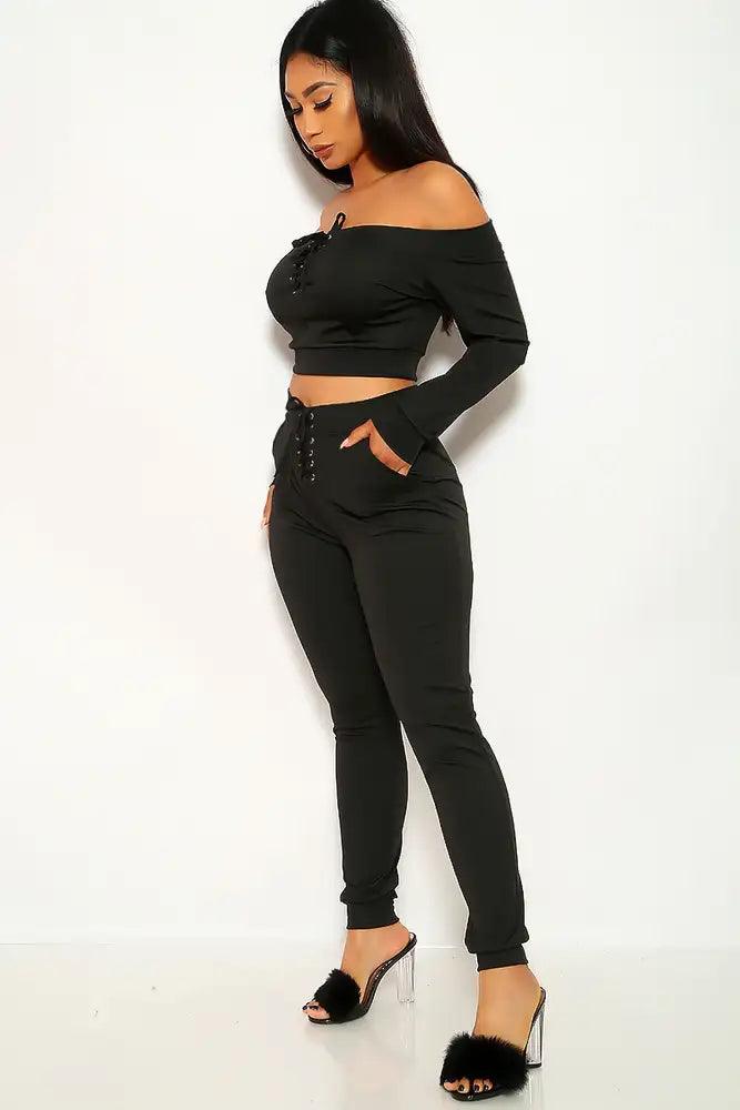 Black Lace Up Plus Size Two Piece Outfit - AMIClubwear