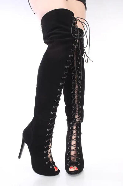 Black Lace Up Thigh High Boots Nubuck Faux Leather - AMIClubwear