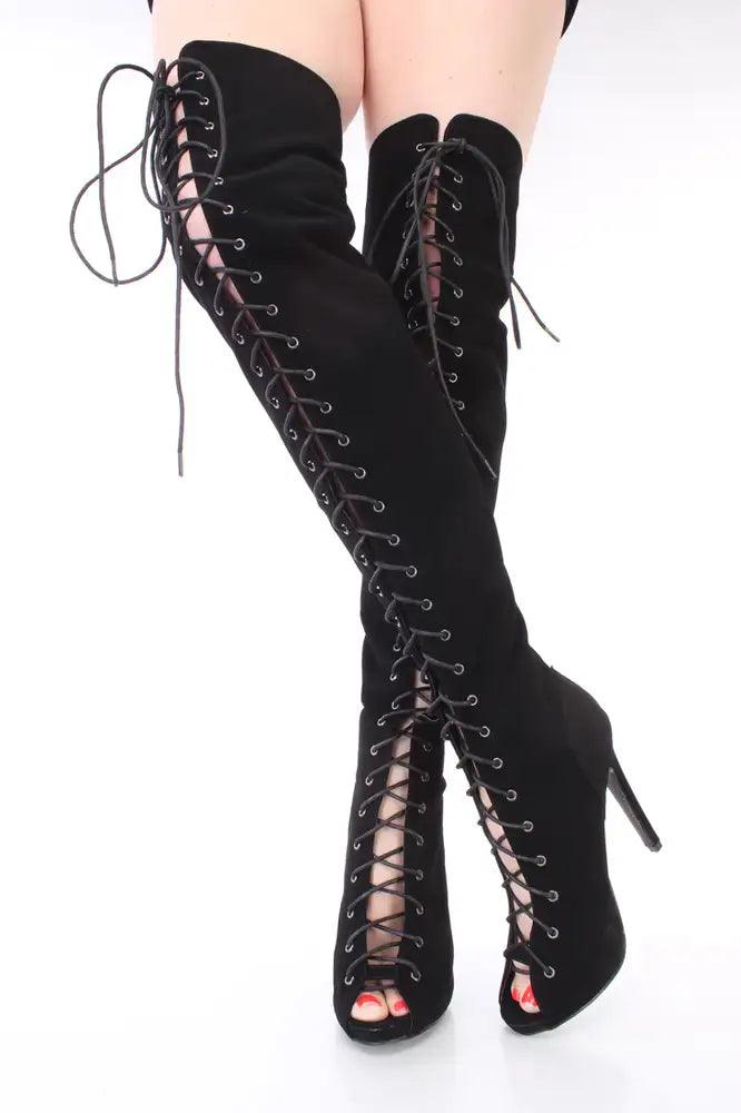 Black Lace Up Thigh High Boots Nubuck Faux Leather - AMIClubwear