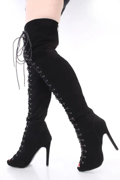 Black Lace Up Thigh High Boots Nubuck Faux Leather - AMIClubwear