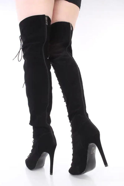 Black Lace Up Thigh High Boots Nubuck Faux Leather - AMIClubwear