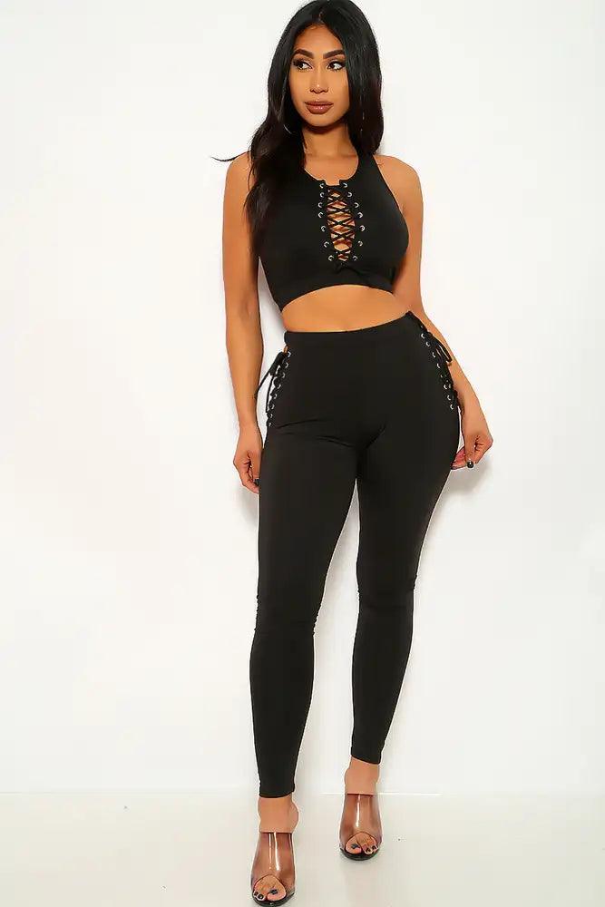 Black Lace Up Two Piece Outfit - AMIClubwear