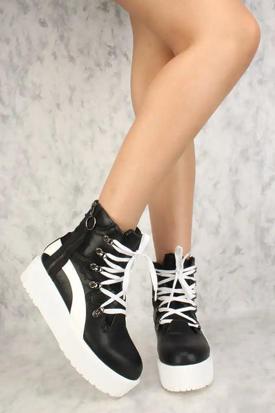 Black Lace Up Zip Up High Ankle Platform Sneakers Faux Leather - AMIClubwear