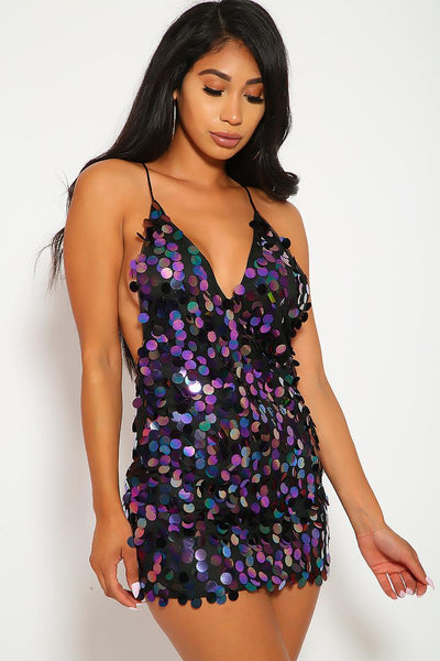 Black Large Disc Sequin Strappy Sexy Slip Party Dress - AMIClubwear