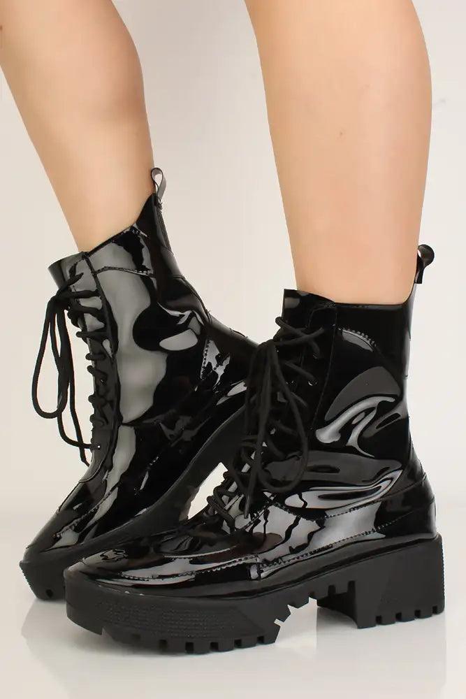 Black Latex Lace-Up Chunky Heel Booties - AMIClubwear