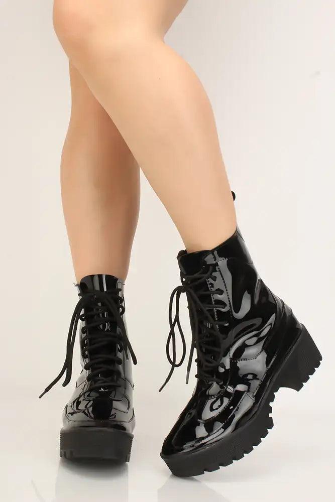 Black Latex Lace-Up Chunky Heel Booties - AMIClubwear