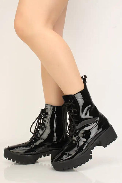 Black Latex Lace-Up Chunky Heel Booties - AMIClubwear