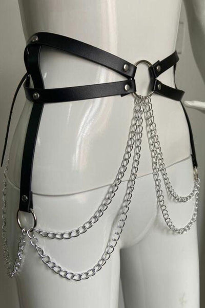 Black Leather Chain Strappy O-ring Harness Belt - AMIClubwear