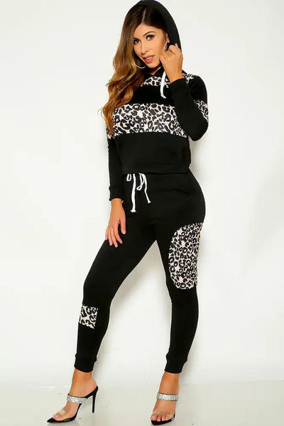 Black Leopard Hooded Two Piece Lounge Outfit - AMIClubwear