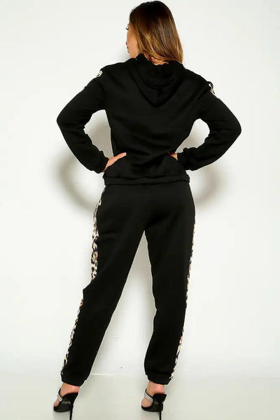 Black Leopard Long Sleeve Hooded Two Piece Lounge Outfit - AMIClubwear