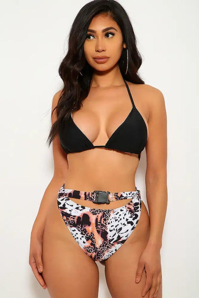 Black Leopard Print Belted Two Piece Swimsuit - AMIClubwear