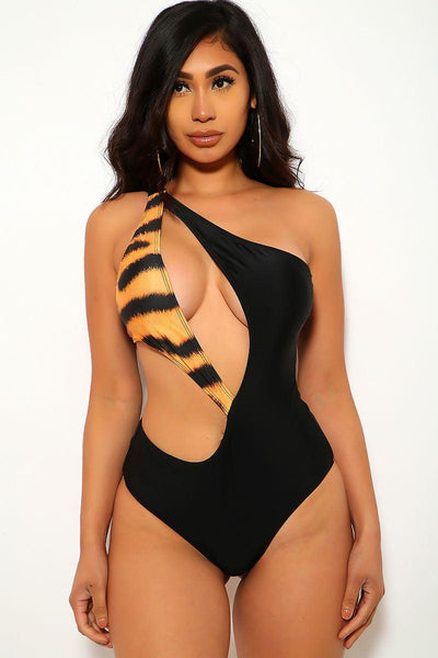 Black Leopard Print Cut Out Monokini - AMIClubwear