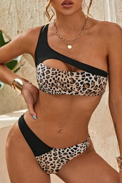 Black Leopard Print Cut Out Two Piece Swimsuit - AMIClubwear