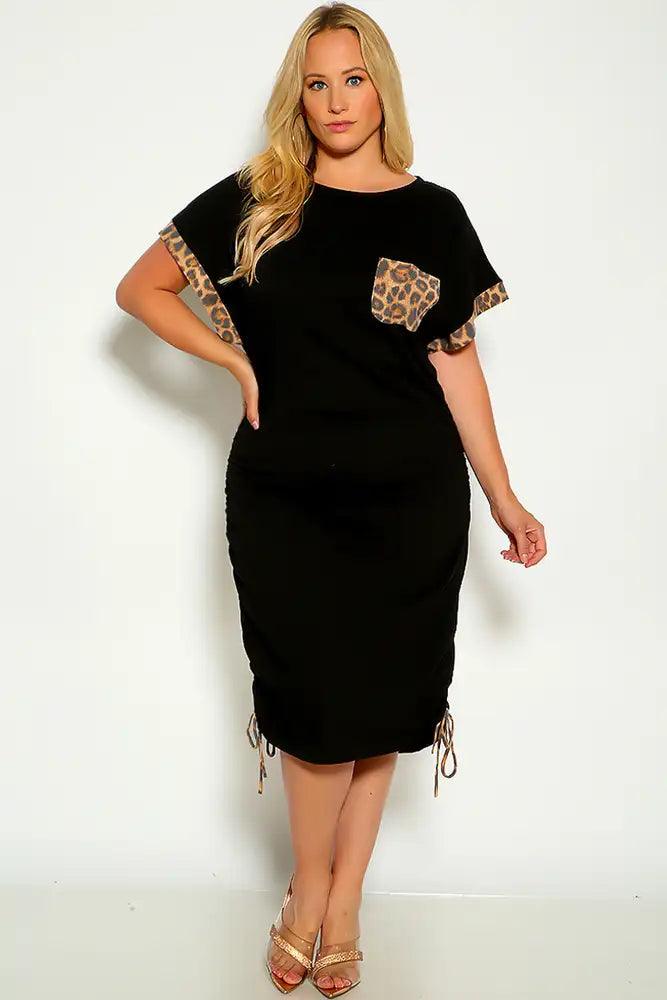 Black Leopard Print Detail short Sleeve Plus Size Dress - AMIClubwear