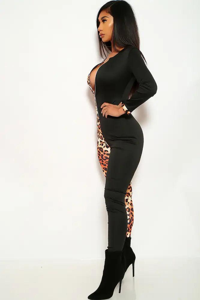 Black Leopard Print Long Sleeve Jumpsuit - AMIClubwear
