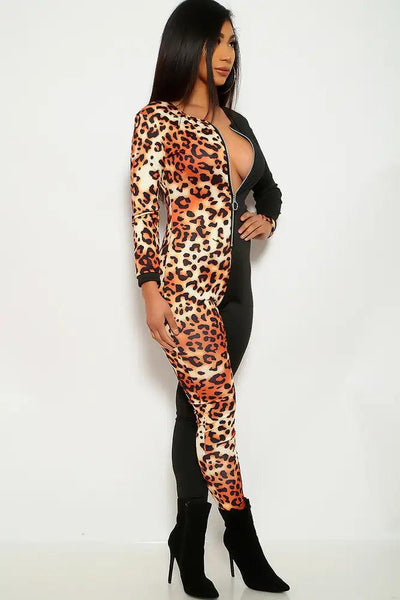 Black Leopard Print Long Sleeve Jumpsuit - AMIClubwear