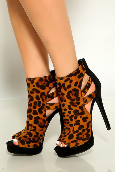 Black Leopard Print Peep Toe Cut Out Booties - AMIClubwear