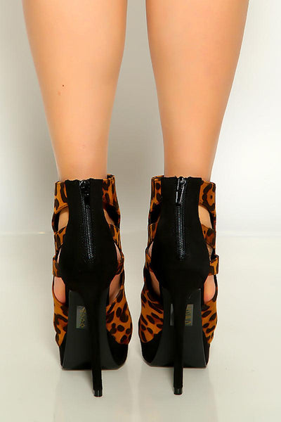 Black Leopard Print Peep Toe Cut Out Booties - AMIClubwear