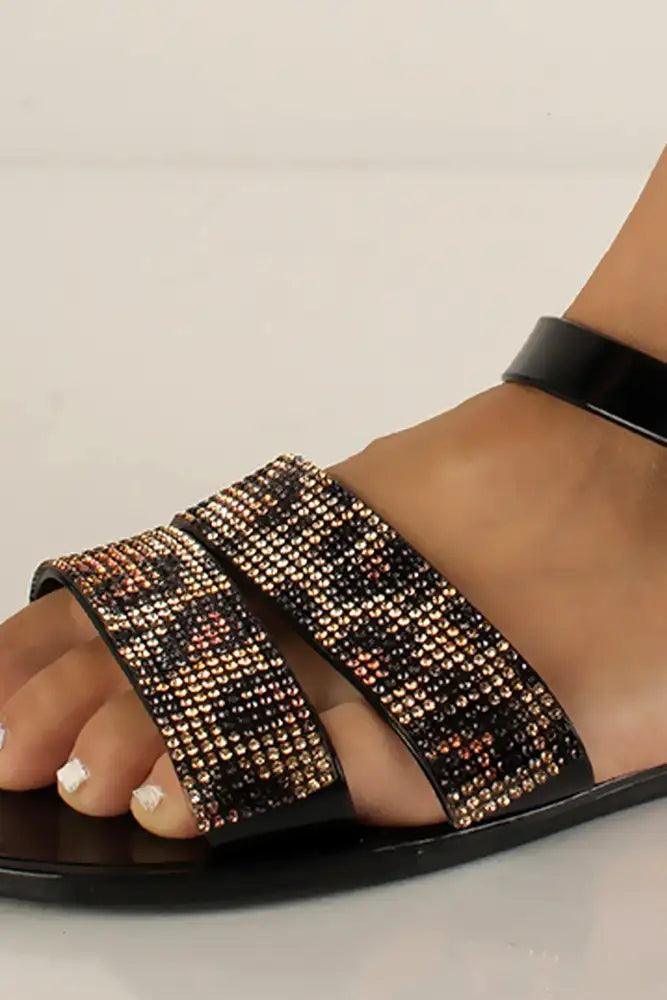 Black Leopard Print Rhinestone Accent Sandals - AMIClubwear