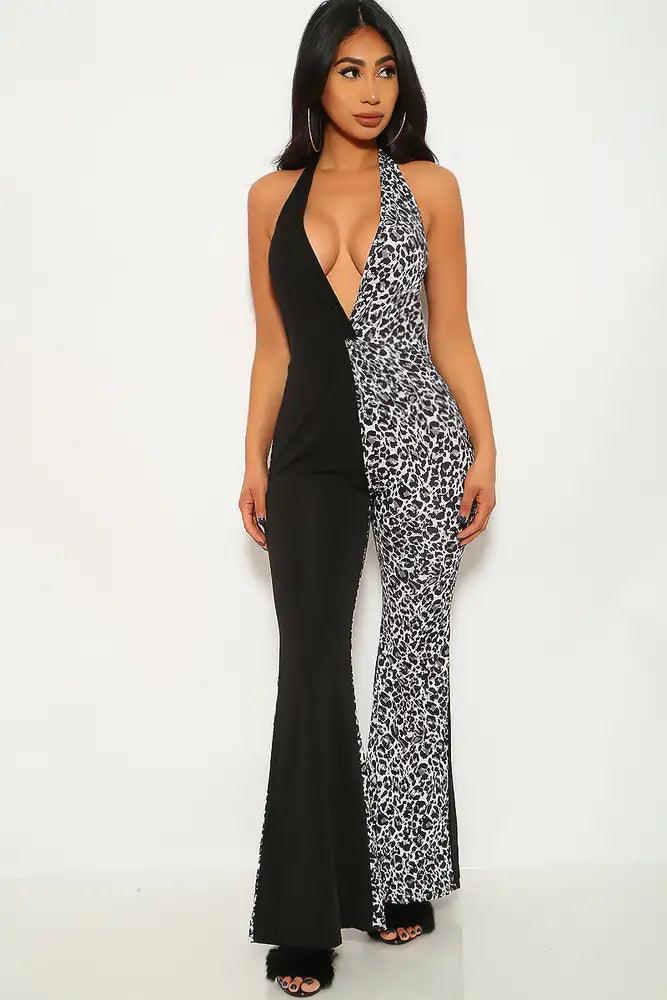 Black Leopard Print Sleeveless Dressy Jumpsuit - AMIClubwear