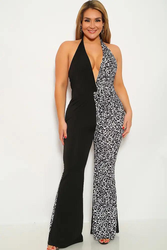 Black Leopard Print Sleeveless Plus Size Jumpsuit - AMIClubwear