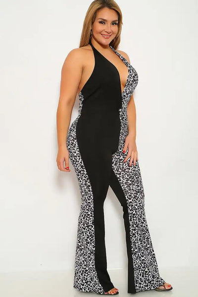 Black Leopard Print Sleeveless Plus Size Jumpsuit - AMIClubwear