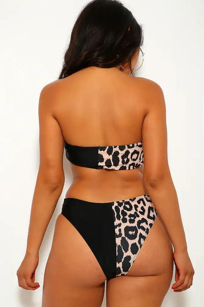 Black Leopard Print Twist Two Piece Swimsuit - AMIClubwear