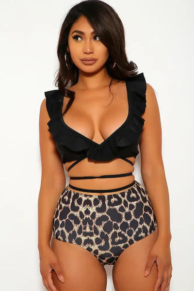 Black Leopard Print Two Piece Swimsuit - AMIClubwear