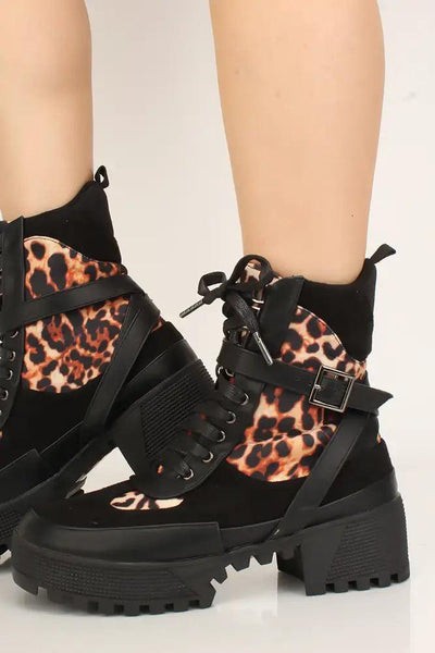 Black Leopard Razor Chunky Heel Booties - AMIClubwear