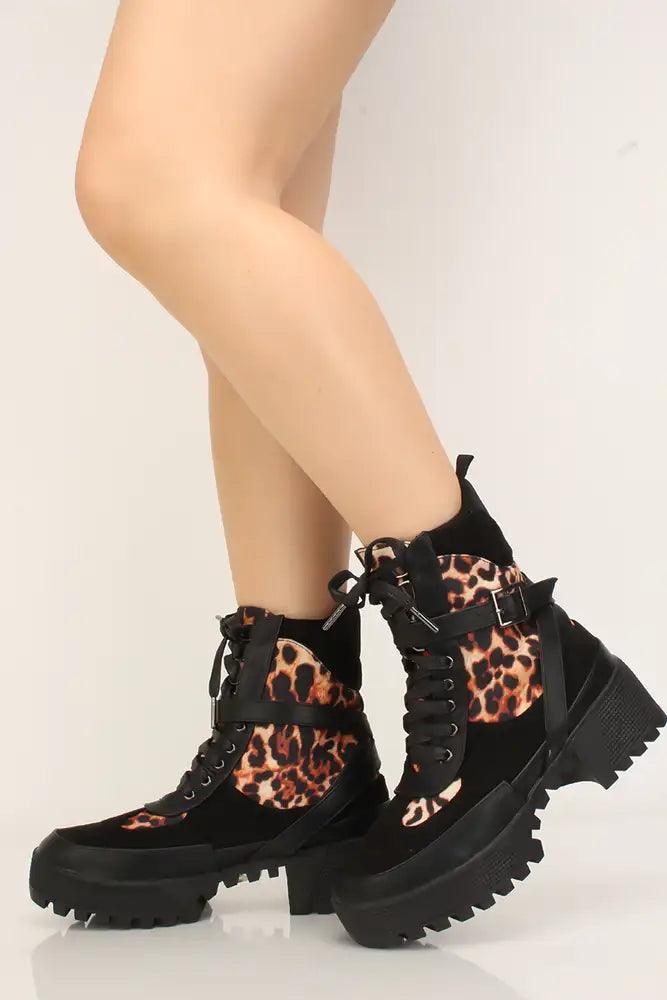 Black Leopard Razor Chunky Heel Booties - AMIClubwear