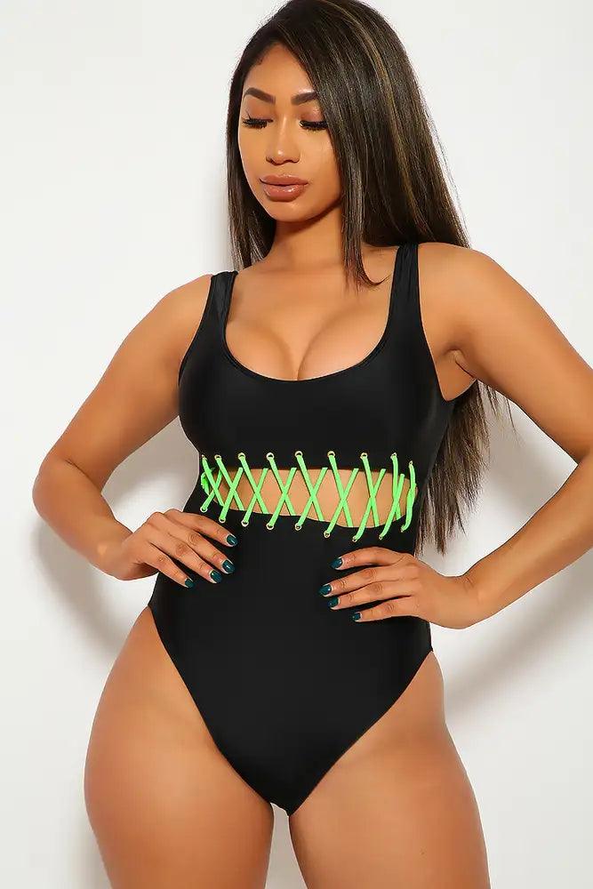 Black Lime Caged One Piece Swimsuit - AMIClubwear