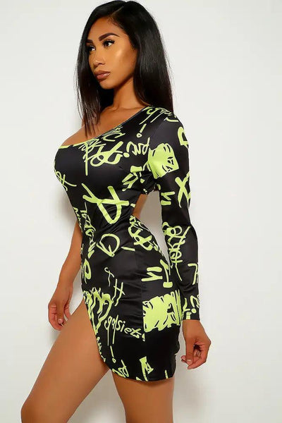 Black Lime Graphic Print Party Dress - AMIClubwear
