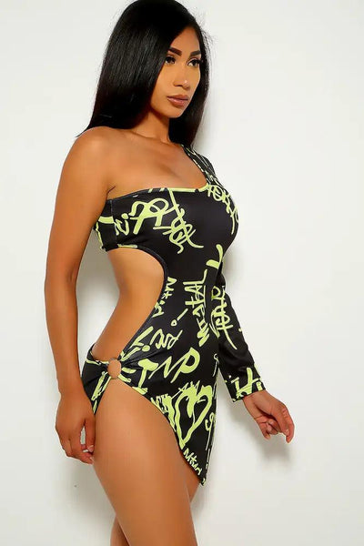 Black Lime Graphic Print Party Dress - AMIClubwear