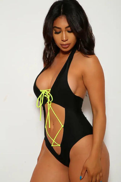 Black Lime Lace-Up Cut Out Cheeky One Piece Swimsuit - AMIClubwear