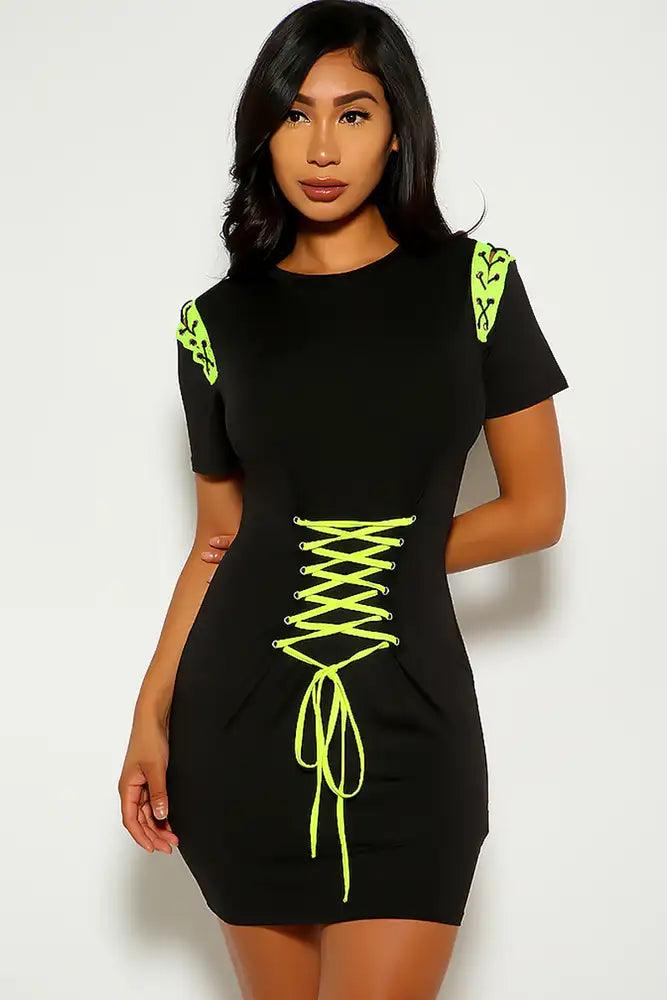 BLack Lime Lace Up short Sleeve Dress - AMIClubwear