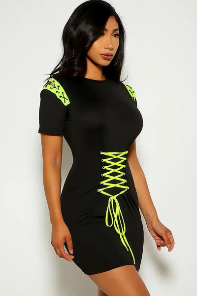 BLack Lime Lace Up short Sleeve Dress - AMIClubwear