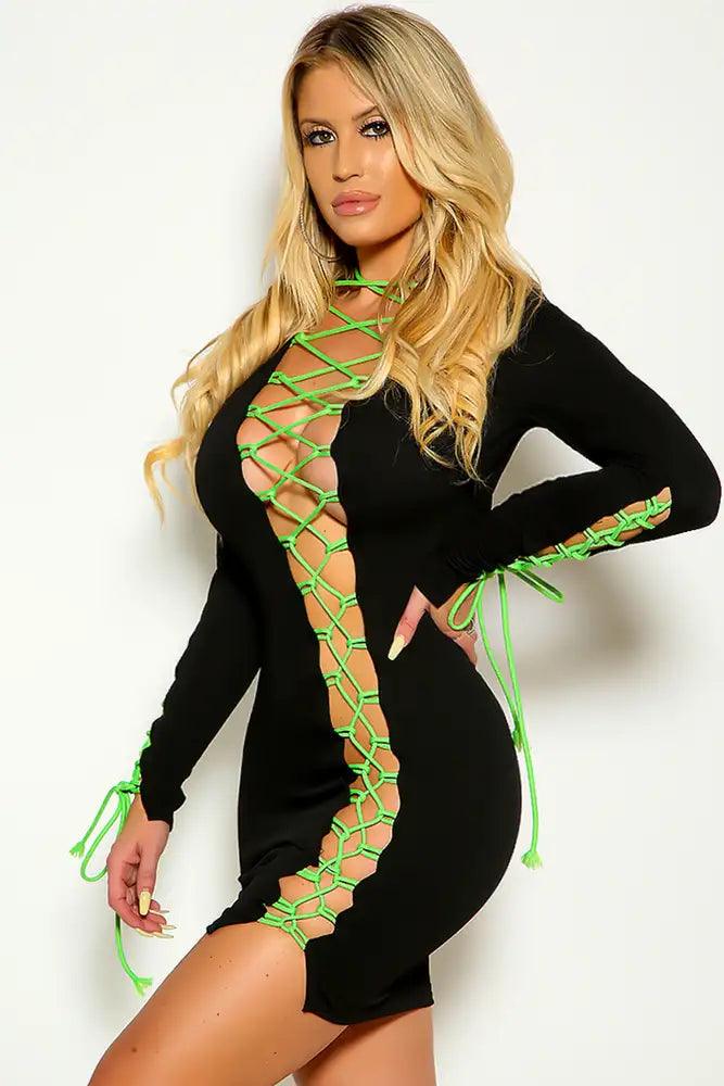 Black Lime Long Sleeve Lace up Sexy party Dress - AMIClubwear