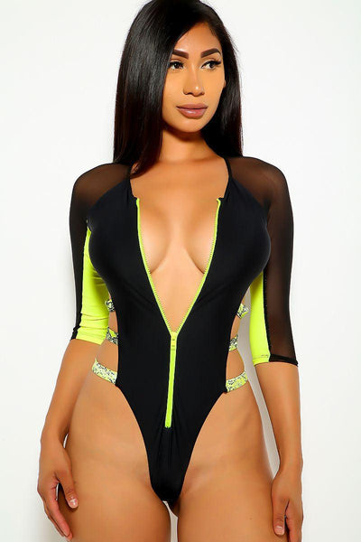 Black Lime Mesh One Piece Swimsuit - AMIClubwear
