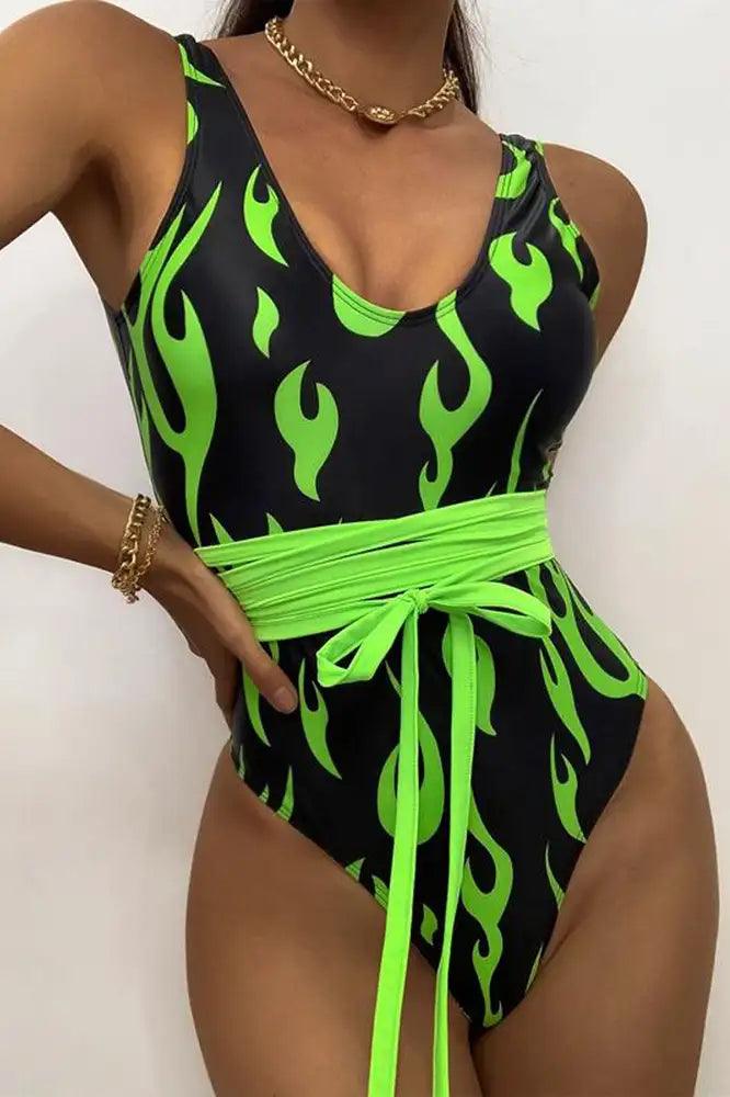 Black Lime Sleeveless Flames Print Wrap Around One Piece Sexy Swimsuit - AMIClubwear