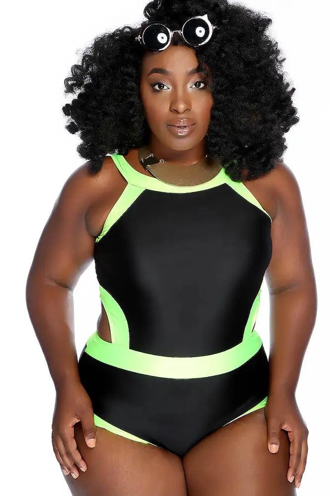 Black Lime Two Tone Side Cutout Detail One Piece Swimsuit Plus - AMIClubwear