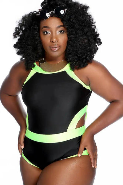 Black Lime Two Tone Side Cutout Detail One Piece Swimsuit Plus - AMIClubwear