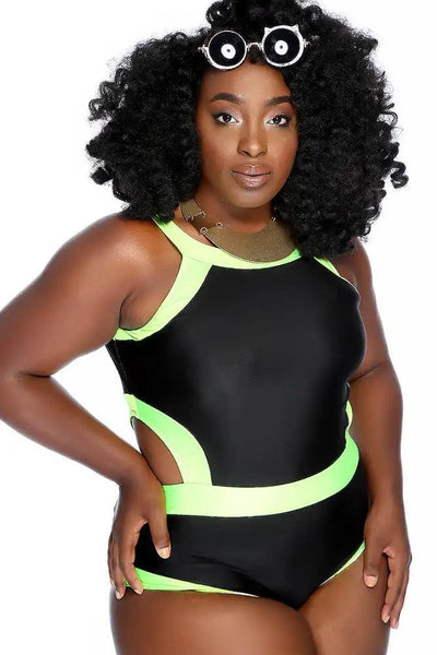 Black Lime Two Tone Side Cutout Detail One Piece Swimsuit Plus - AMIClubwear