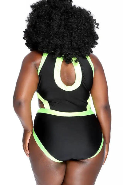 Black Lime Two Tone Side Cutout Detail One Piece Swimsuit Plus - AMIClubwear