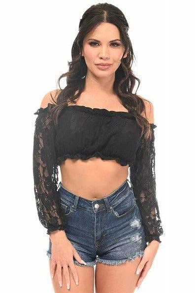 Black Lined Lace Long Sleeve Peasant Top - AMIClubwear