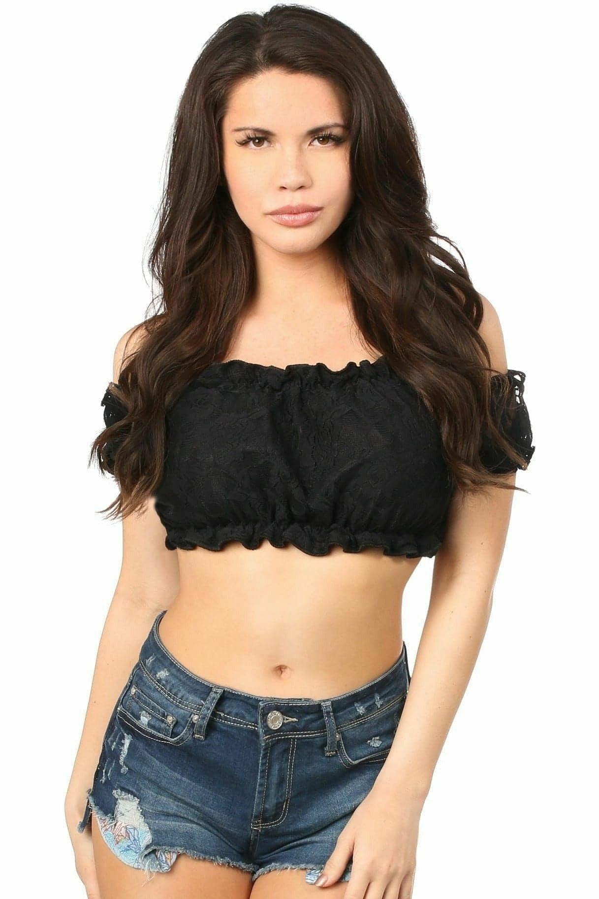 Black Lined Lace Short Sleeve Peasant Top - Daisy Corsets