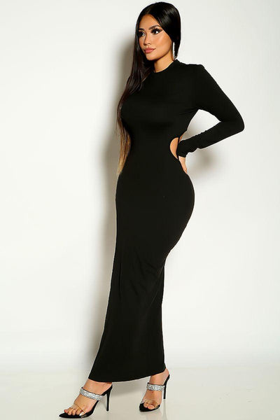 Black Long Sleeve Back Cut OUt Side Slit Maxi Dress - AMIClubwear