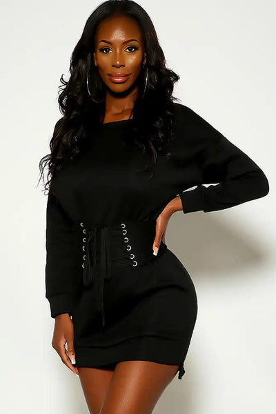 Black Long Sleeve Belted Lace Up Sweater - AMIClubwear