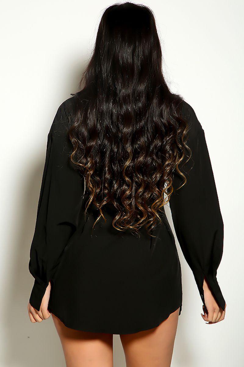 Black Long Sleeve Button Up Cinched Waist Shirt Dress - AMIClubwear