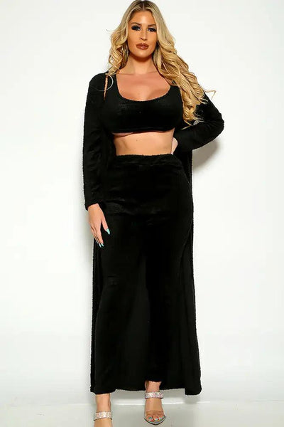 Black Long Sleeve Cardigan Cropped Three Piece outfit - AMIClubwear